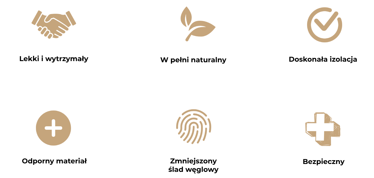 Obraz przedstawia sześć ikon opisujących zalety ekspandowanego granulatu korkowego.